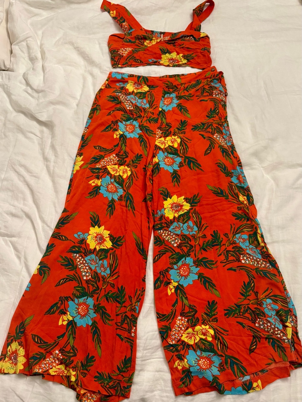 Free People Orange Floral Smocked 2-Piece Crop Top & Wide-Leg Pants Set Size 10